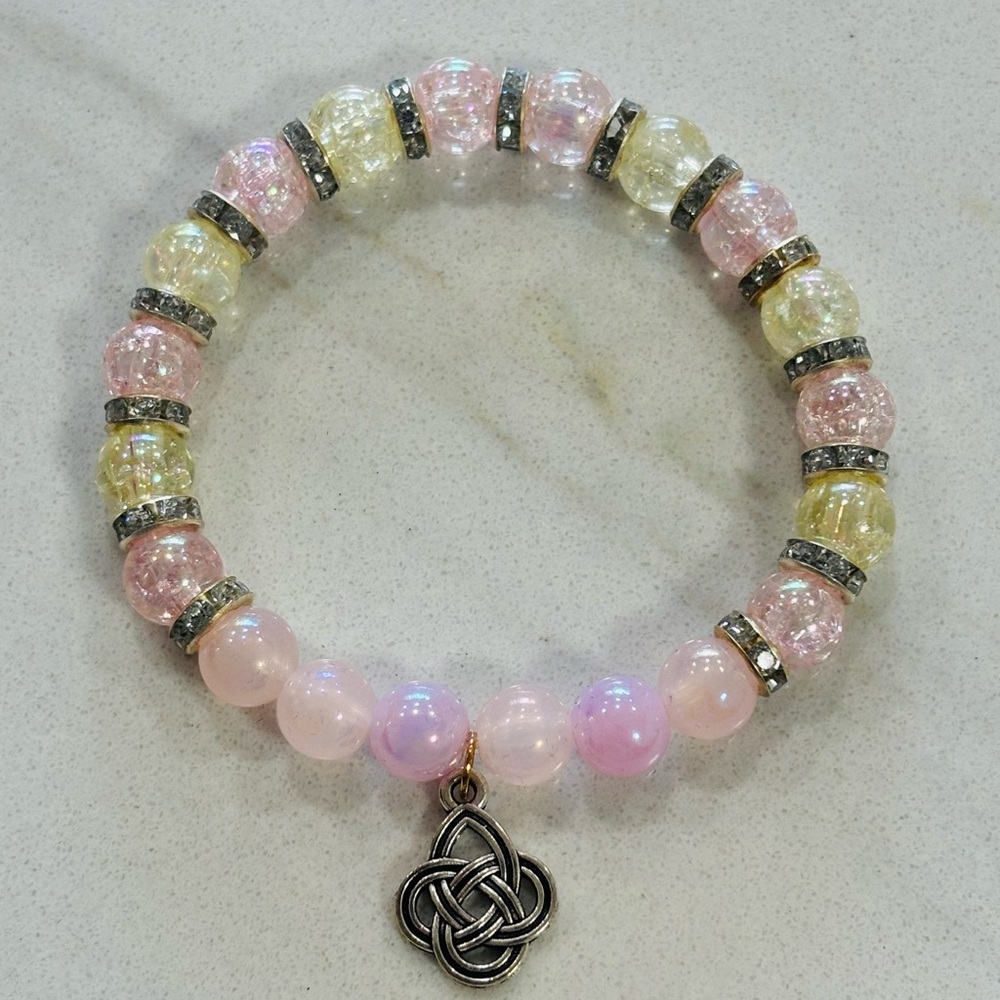 Pink & Champagne Crackle Glass Bead Bracelet with Celtic Knot Charm